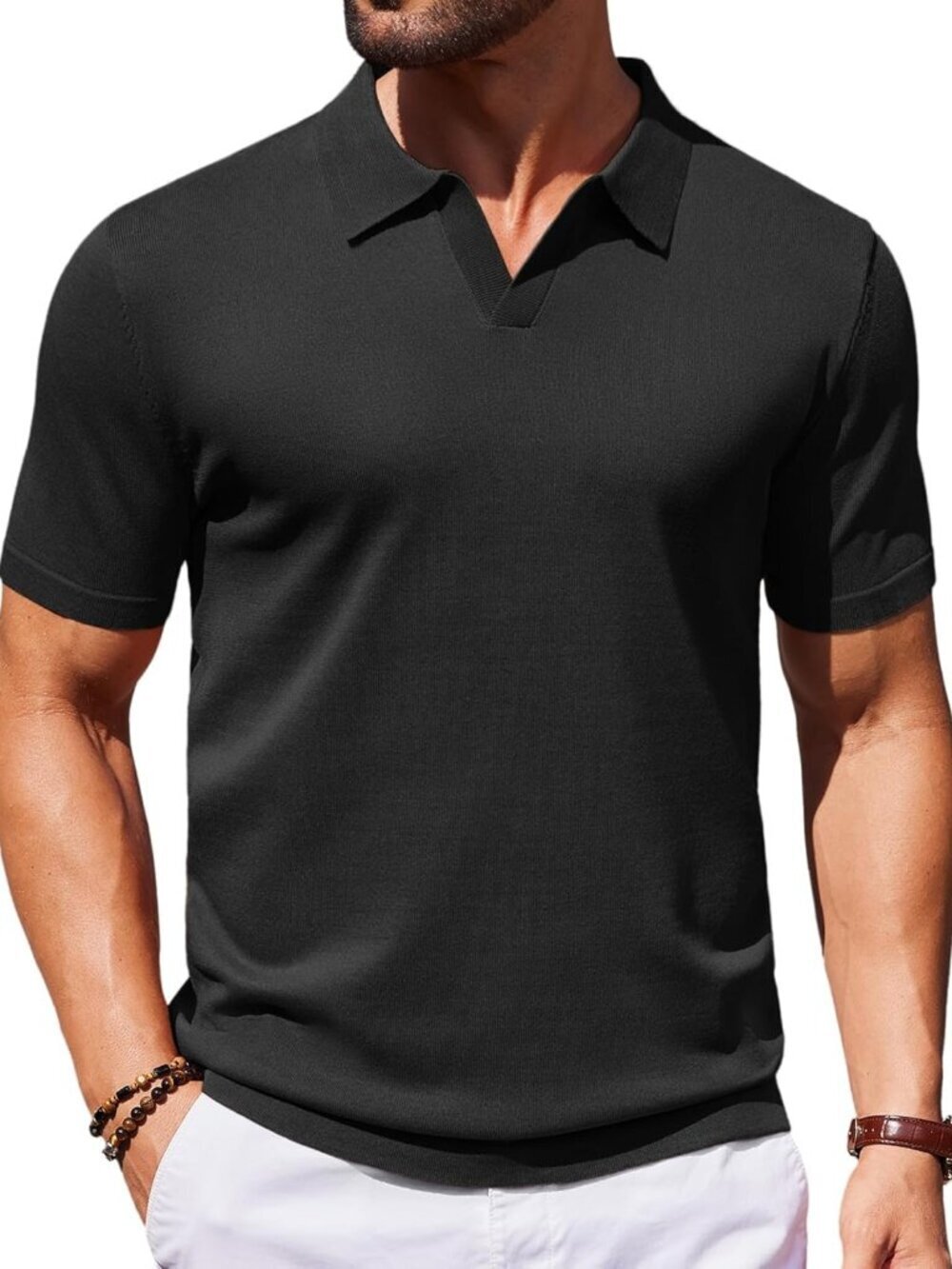 Women's Black V-Neck Short Sleeve Stretch Knit Polo Shirt Top